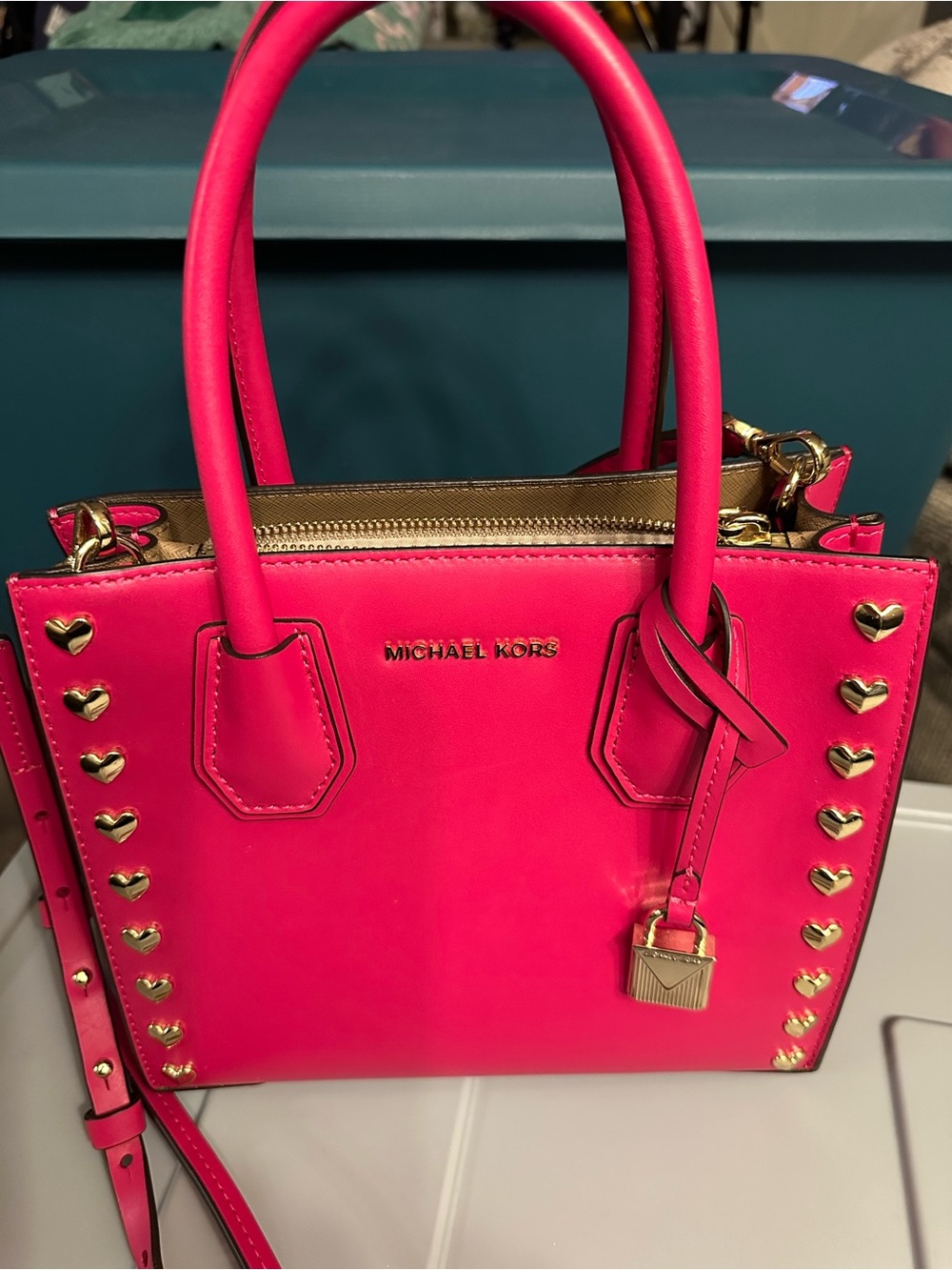 MICHAEL KORS Hot Pink Leather Tote with Gold Heart Studs
